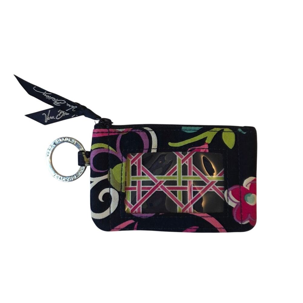 Vera Bradley '12 Ribbons Navy Blue Floral Geometric Print ID Case Wallet Keyring